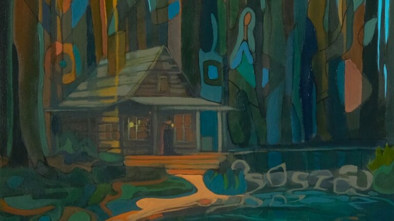 Painting of a cabin near a body of water - by Christina Rasmussen