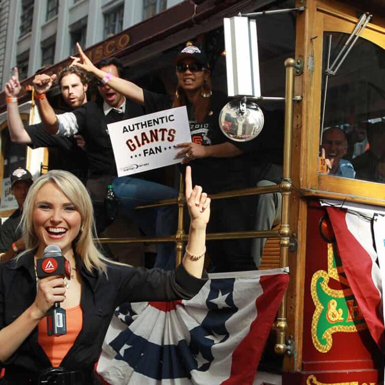 Student doing news cast outside in downtown San Francisco