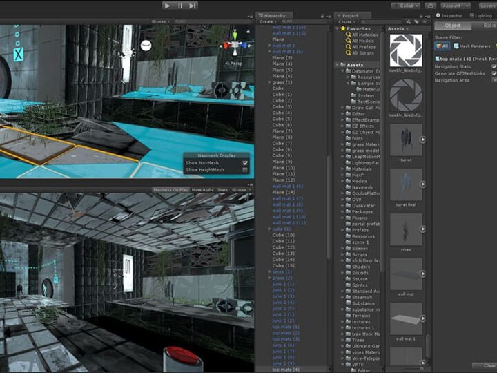 A computer screen displays a digital design software interface with 3D gaming environments. The left side shows a detailed room with textures and objects, while the right panel lists assets like 