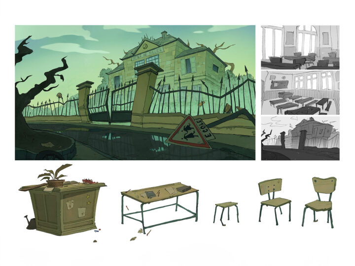 Storyboard of environment for spooky looking school