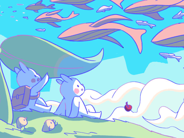 Digital drawing of 2 characters observing fish flying through the sky