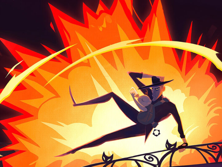 Comp image of man with baby jumping over a fence with an explosion in the background