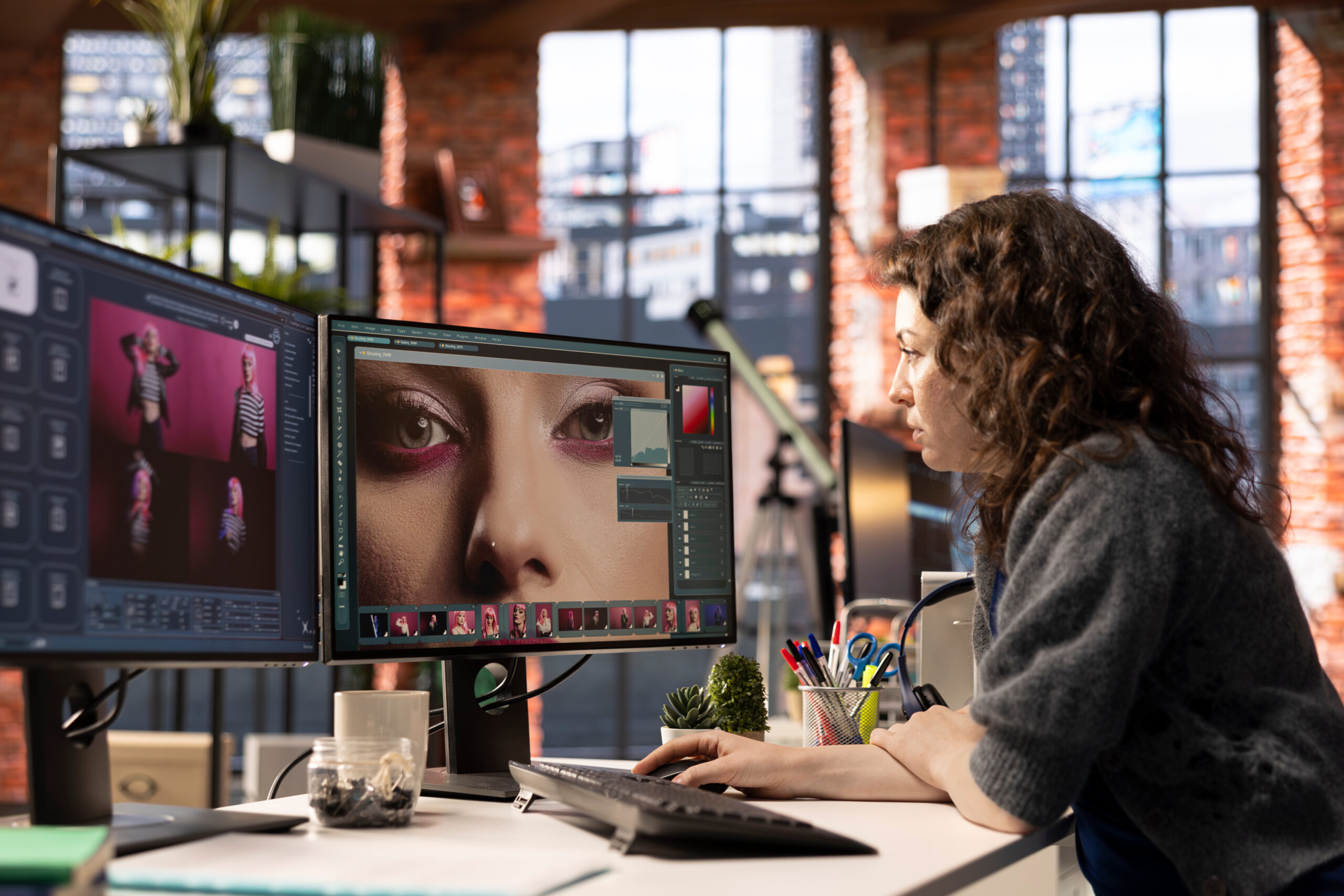 Woman using AI software to turn text prompt into photos and editing the skin, working with retouching interface program for media content. Uses text to image generative models on PC.