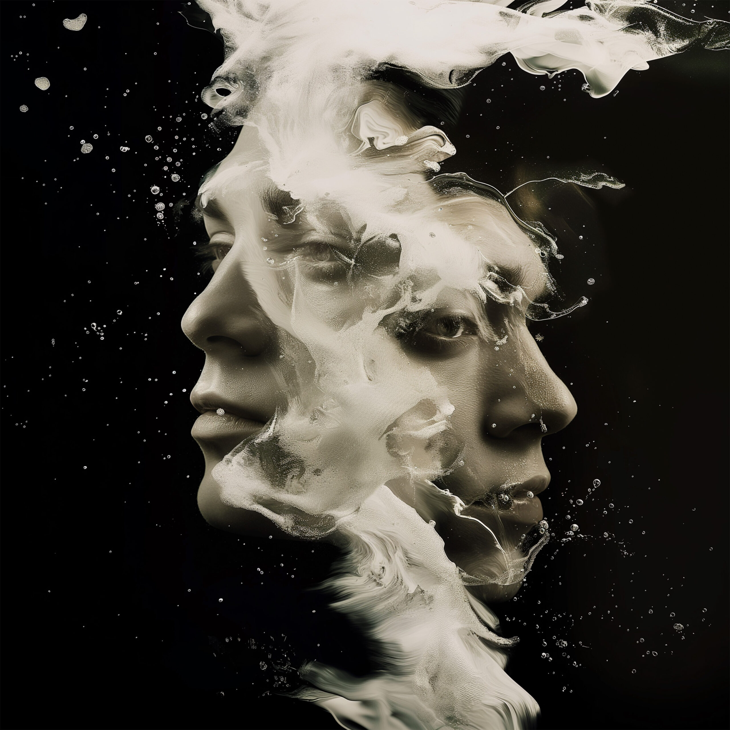 2 faces blended together looking in opposite directions